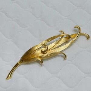 Large Vintage MONET Brushed Gold Tone Domed Leaf 4" Long  Brooch Signed